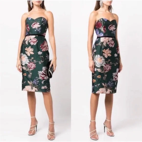 Marchesa Notte Strapless Floral Midi Dress size 12 - Picture 1 of 9